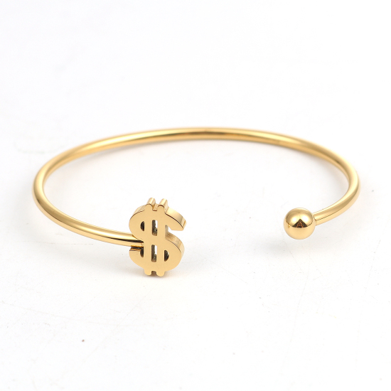 Imagen de 304 Acero Inoxidable Abierta Cuff Brazaletes Pulseras Chapado en Oro Dólar 16.9cm longitud, 1 Unidad