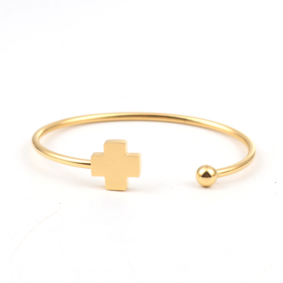 Bild von 304 Edelstahl Offen Manschette Armreife Armband Vergoldet Kreuz 17.5cm lang, 1 Stück