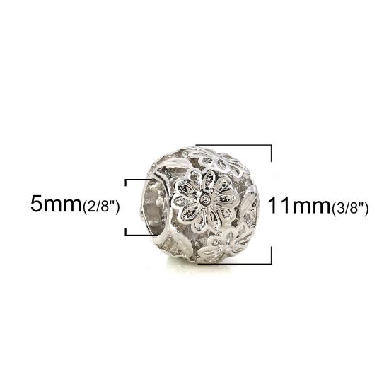 Image de Perles à Gros Trou au Style Européen en Alliage de Zinc Rond Argent Mat Fleurs Env. 11mm Dia, Trou: 5mm, 10 Pcs