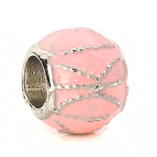 Picture of Zinc Based Alloy European Style Large Hole Charm Beads Round Silver Tone Dot Pink Enamel About 11mm( 3/8") Dia, Hole: Approx 5.2mm, 5 PCs