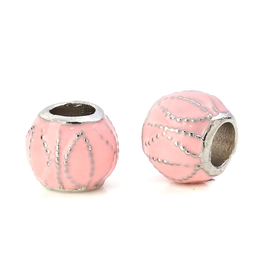 Picture of Zinc Based Alloy European Style Large Hole Charm Beads Round Silver Tone Dot Pink Enamel About 11mm( 3/8") Dia, Hole: Approx 5.2mm, 5 PCs
