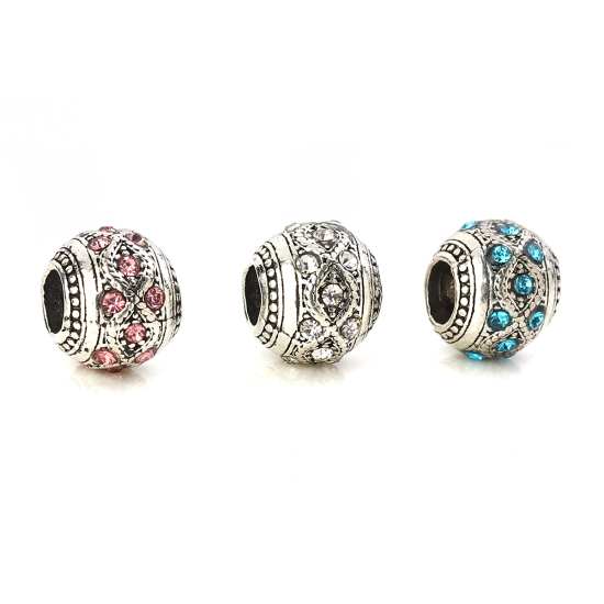 Picture of Zinc Based Alloy European Style Large Hole Charm Beads Round Antique Silver Wave Clear Rhinestone About 10mm( 3/8") Dia, Hole: Approx 4.8mm, 5 PCs