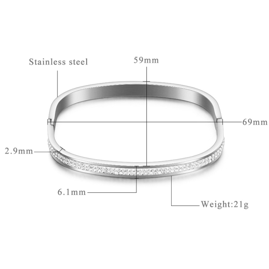 Bild von 316L Edelstahl Armband Silberfarbe Rechteck Transparent Strass Zum Öffnen 6.9cm x 5.9cm, 1 Stück