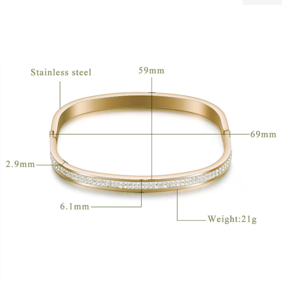 Image de Bracelets en 316L Acier Inoxydable Doré Rectangle Strass Transparent Pouvoir Ouvrir 6.9cm x 5.9cm, 1 Pièce