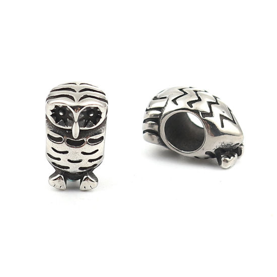 Picture of 304 Stainless Steel Casting Beads Owl Animal Antique Silver Color 3D 13mm x 7mm, Hole: Approx 4.8mm, 2 PCs