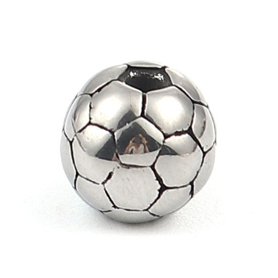 Image de Perles Coulée en 304 Acier Inoxydable Football Argent Vieilli env. 8mm Dia., Trou: env. 2mm, 2 Pcs