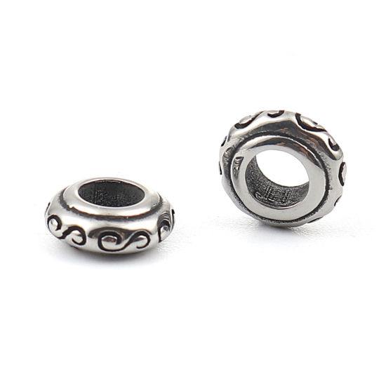 Picture of 304 Stainless Steel Casting Beads Round Antique Silver Color S Pattern About 9mm Dia., Hole: Approx 4.2mm, 2 PCs