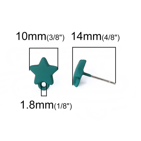 Immagine di Lega di Zinco Orecchini a Perno Tappi di Orecchini Stella a Cinque Punte Tono Argento Verde W/ Loop 11mm x 10mm, Diametro Filo: (21 misura), 10 Pz