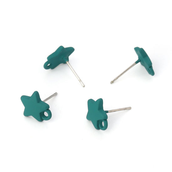 Immagine di Lega di Zinco Orecchini a Perno Tappi di Orecchini Stella a Cinque Punte Tono Argento Verde W/ Loop 11mm x 10mm, Diametro Filo: (21 misura), 10 Pz