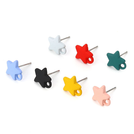 Immagine di Lega di Zinco Orecchini a Perno Tappi di Orecchini Stella a Cinque Punte Tono Argento Verde W/ Loop 11mm x 10mm, Diametro Filo: (21 misura), 10 Pz