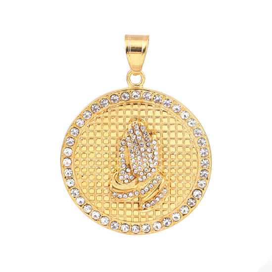 Picture of Stainless Steel Casting Pendants Round Gold Plated Hand Clear Rhinestone 58mm x 43mm, 1 Piece