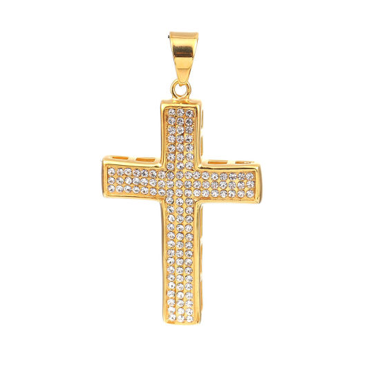Picture of Stainless Steel Casting Pendants Cross Gold Plated Clear Rhinestone 72mm x 39mm, 1 Piece