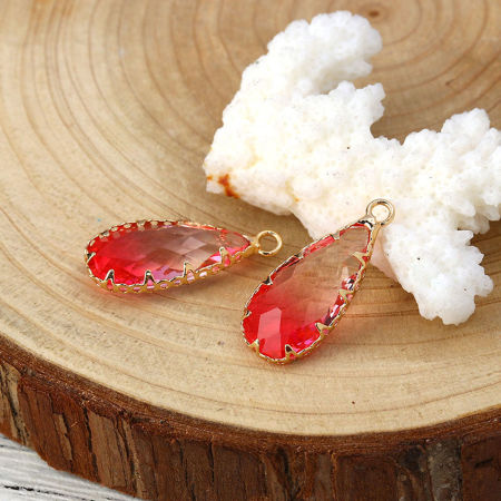 Picture of Brass & Glass Charms Drop Gold Plated Pink Faceted 24mm x11mm(1" x 3/8") - 24mm x10mm(1" x 3/8"), 2 PCs