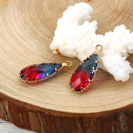 Picture of Brass & Glass Charms Drop Gold Plated Blue & Fuchsia Faceted 24mm x11mm(1" x 3/8") - 24mm x10mm(1" x 3/8"), 2 PCs