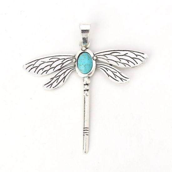 Immagine di Lega di Zinco + Resina Ciondoli Libellula Argento Antico Verde Blu Turchese Imitato 86mm x 81mm , 2 Pz