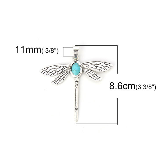 Immagine di Lega di Zinco + Resina Ciondoli Libellula Argento Antico Verde Blu Turchese Imitato 86mm x 81mm , 2 Pz