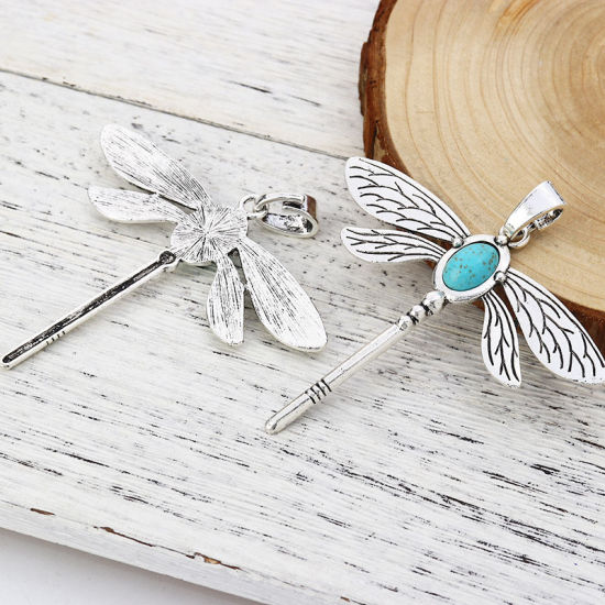 Immagine di Lega di Zinco + Resina Ciondoli Libellula Argento Antico Verde Blu Turchese Imitato 86mm x 81mm , 2 Pz