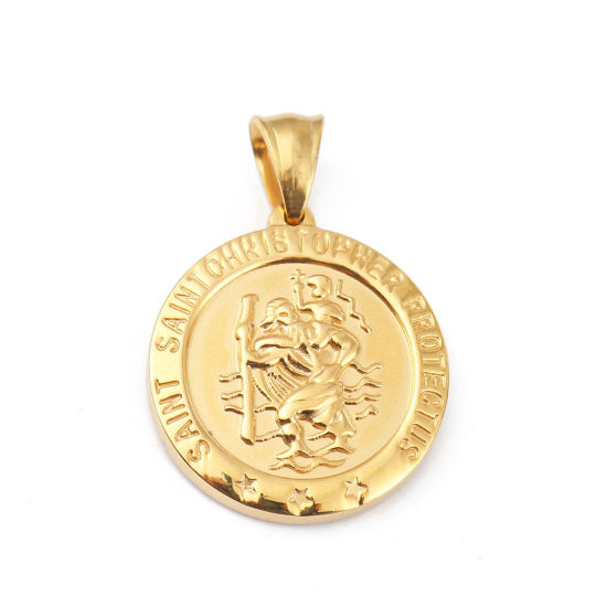 Imagen de 316L Acero Inoxidable Colgantes Ronda Chapado en Oro de 18K San Cristóbal 35mm x 25mm, 1 Unidad
