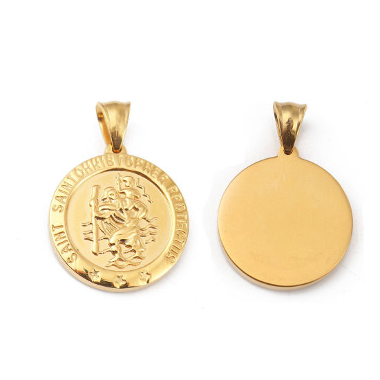 Imagen de 316L Acero Inoxidable Colgantes Ronda Chapado en Oro de 18K San Cristóbal 35mm x 25mm, 1 Unidad