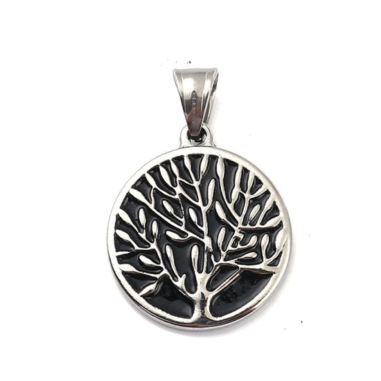 Picture of 316L Stainless Steel Pendants Round Disc Silver Tone Black Tree 36mm(1 3/8") x 25mm(1"), 1 Piece”