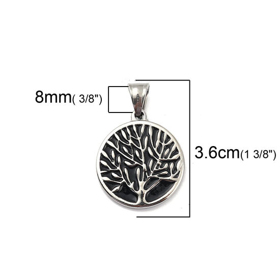 Picture of 316L Stainless Steel Pendants Round Disc Silver Tone Black Tree 36mm(1 3/8") x 25mm(1"), 1 Piece”