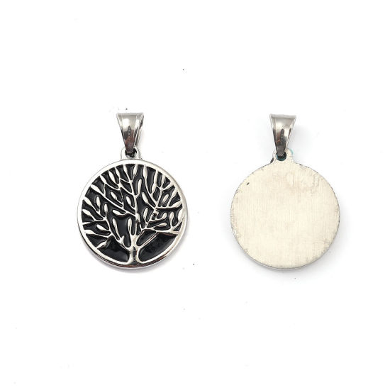 Picture of 316L Stainless Steel Pendants Round Disc Silver Tone Black Tree 36mm(1 3/8") x 25mm(1"), 1 Piece”