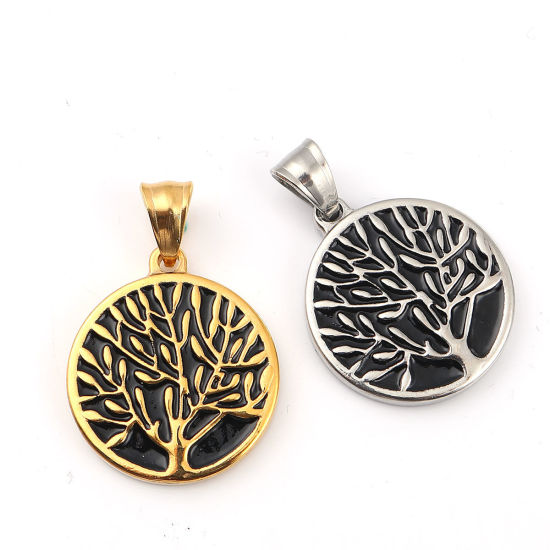 Picture of 316L Stainless Steel Pendants Round Disc Silver Tone Black Tree 36mm(1 3/8") x 25mm(1"), 1 Piece”