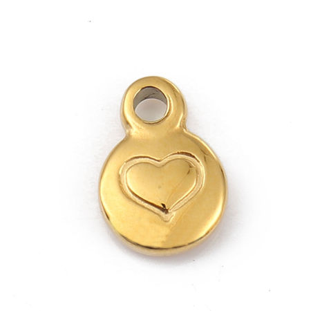 Picture of 316L Stainless Steel Valentine's Day Charms 18K Gold Plated Round Disc Heart 11mm x 8mm, 1 Piece