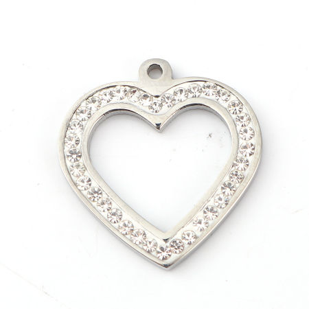316L Stainless Steel Charms Heart Silver Tone Clear Rhinestone 21mm( 7/8") x 20mm( 6/8"), 1 Piece”