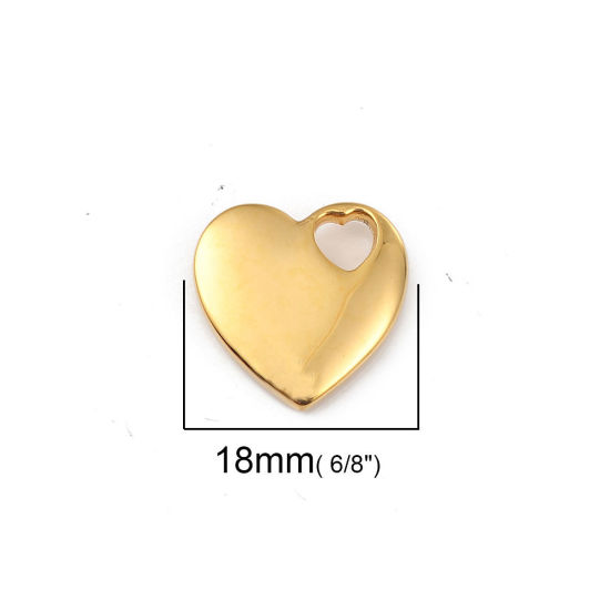 Immagine di 1 Pz 316L Acciaio inossidabile San Valentino Etichette di Stampaggio Vuote Ciondoli Cuore Placcato Oro 18K 18mm x 18mm 