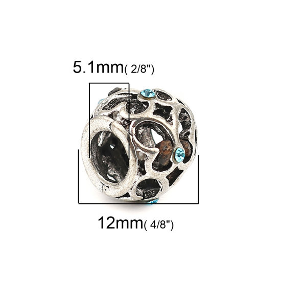 Изображение 5 ШТ Цинковый Сплав Бусины с большим отверстием в европейском стиле Античное Серебро Бочка Бабочка ажурная резьба Синий Страз 12мм x 9мм, Отверстие:примерно 5.1мм