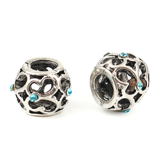 Изображение 5 ШТ Цинковый Сплав Бусины с большим отверстием в европейском стиле Античное Серебро Бочка Бабочка ажурная резьба Синий Страз 12мм x 9мм, Отверстие:примерно 5.1мм