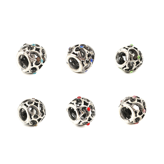 Изображение 5 ШТ Цинковый Сплав Бусины с большим отверстием в европейском стиле Античное Серебро Бочка Бабочка ажурная резьба Синий Страз 12мм x 9мм, Отверстие:примерно 5.1мм