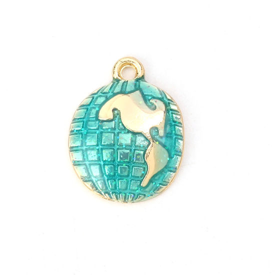 Picture of Zinc Based Alloy Charms Map Gold Plated Green Blue Enamel Glitter 16mm( 5/8") x 13mm( 4/8"), 10 PCs