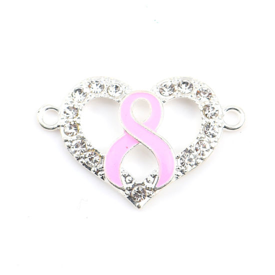 Picture of Zinc Based Alloy Connectors Heart Silver Plated Pink Ribbon Enamel 38mm x 25mm, 3 PCs