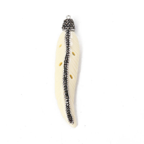 Picture of Resin Micro Pave Pendants Feather Dark Gray Creamy-White Clear Rhinestone 94mm(3 6/8") x 20mm( 6/8"), 1 Piece