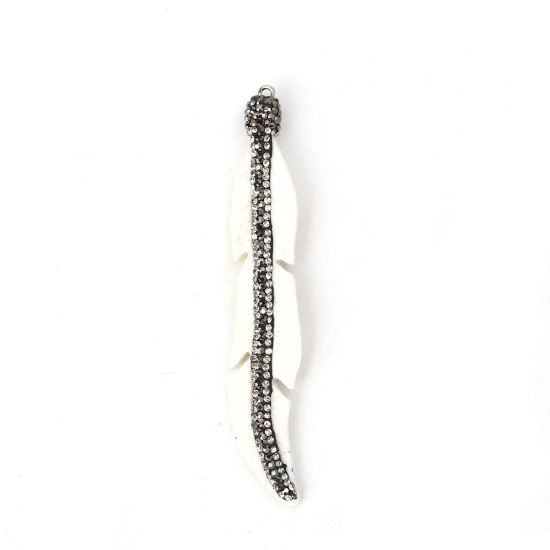 Picture of Resin Micro Pave Pendants Feather Dark Gray White Clear Rhinestone 95mm(3 6/8") x 16mm( 5/8"), 1 Piece