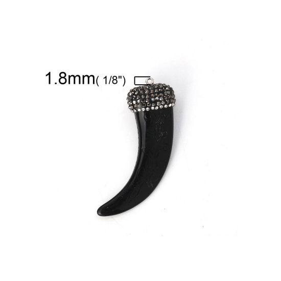 Picture of Resin Boho Chic Pendants Horn-shaped Black Dark Gray Micro Pave Clear Rhinestone 6.4cm x2.5cm(2 4/8" x1") - 6.1cm x2.3cm(2 3/8" x 7/8"), 1 Piece