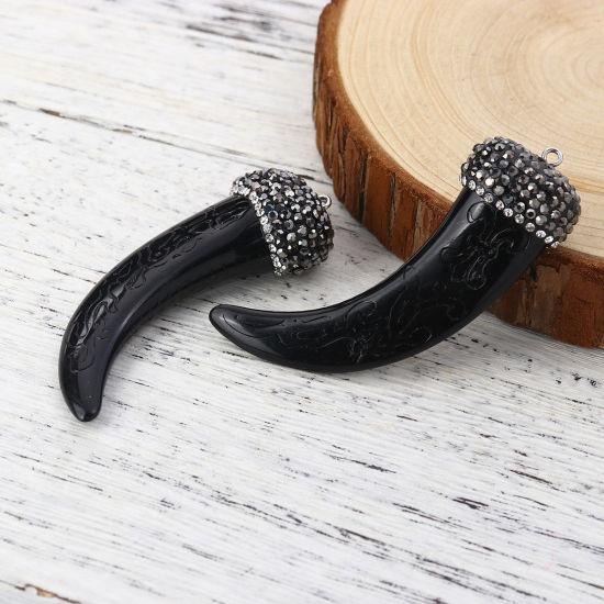 Picture of Resin Boho Chic Pendants Horn-shaped Black Dark Gray Micro Pave Clear Rhinestone 6.4cm x2.5cm(2 4/8" x1") - 6.1cm x2.3cm(2 3/8" x 7/8"), 1 Piece