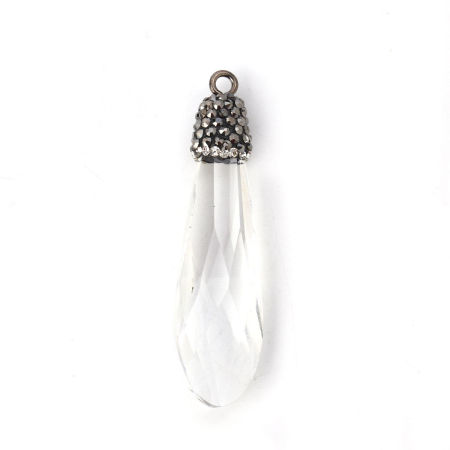 Picture of Glass Micro Pave Pendants Drop Dark Gray Clear Rhinestone Faceted 56mm(2 2/8") x 15mm( 5/8"), 1 Piece