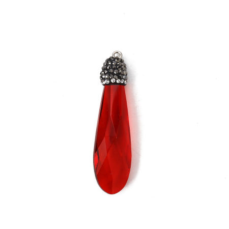 Picture of Glass Pendants Drop Red Clear Rhinestone Faceted 55mm(2 1/8") x 15mm( 5/8"), 1 Piece