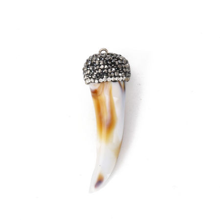 Resin Boho Chic Pendants Horn-shaped White Brown Micro Pave Clear Rhinestone 6cm x2cm(2 3/8" x 6/8") - 5.8cm x1.9cm(2 2/8" x 6/8"), 1 Piece