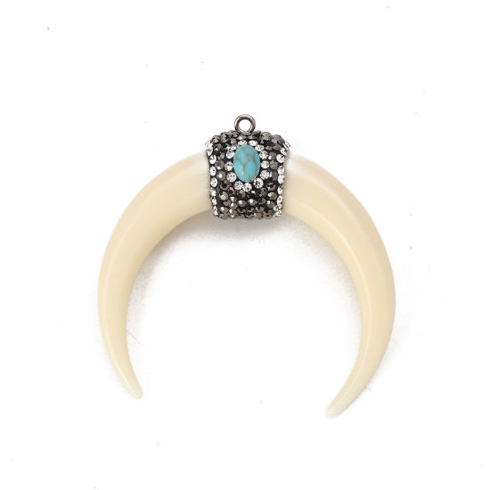 Imagen de Resina Bohemia Colgantes En forma de Cuerno Micro Pave gris Oscuro Off-white Transparente Rhinestone 5.4cm x 5cm, 1 Unidad