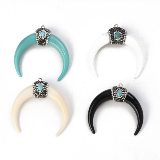 Picture of Resin Boho Chic Pendants Horn-shaped Green Blue Dark Gray Micro Pave Clear Rhinestone 5.4cm x5cm(2 1/8" x2") - 5.2cm x4.8cm(2" x1 7/8"), 1 Piece