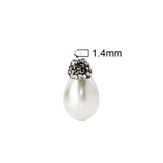 Picture of Natural Shell Micro Pave Charms Dark Gray Drop Clear Rhinestone Imitation Pearl 26mm x14mm(1" x 4/8") - 23mm x13mm( 7/8" x 4/8"), 1 Piece