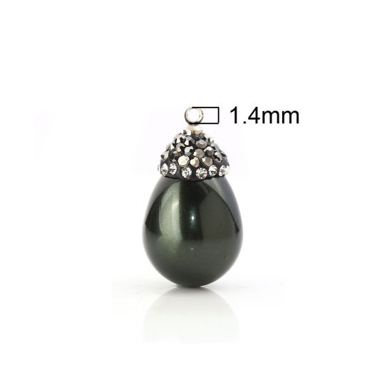 Picture of Natural Shell Micro Pave Charms Dark Green Drop Dark Gray Clear Rhinestone Imitation Pearl 26mm x14mm(1" x 4/8") - 23mm x13mm( 7/8" x 4/8"), 1 Piece