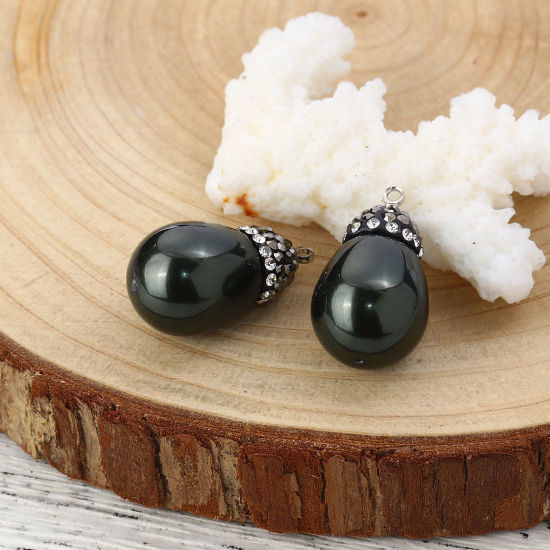 Picture of Natural Shell Micro Pave Charms Dark Green Drop Dark Gray Clear Rhinestone Imitation Pearl 26mm x14mm(1" x 4/8") - 23mm x13mm( 7/8" x 4/8"), 1 Piece