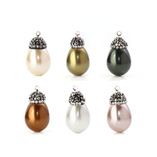 Picture of Natural Shell Micro Pave Charms Dark Green Drop Dark Gray Clear Rhinestone Imitation Pearl 26mm x14mm(1" x 4/8") - 23mm x13mm( 7/8" x 4/8"), 1 Piece