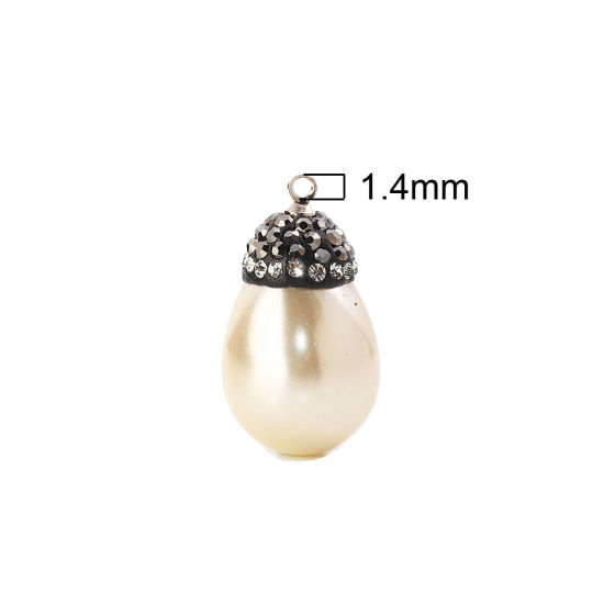 Picture of Natural Shell Micro Pave Charms Drop Creamy-White Clear Rhinestone Imitation Pearl 26mm x14mm(1" x 4/8") - 23mm x13mm( 7/8" x 4/8"), 1 Piece