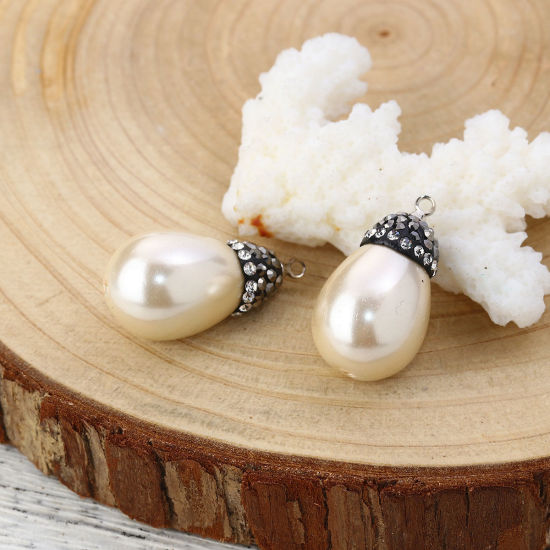 Picture of Natural Shell Micro Pave Charms Drop Creamy-White Clear Rhinestone Imitation Pearl 26mm x14mm(1" x 4/8") - 23mm x13mm( 7/8" x 4/8"), 1 Piece